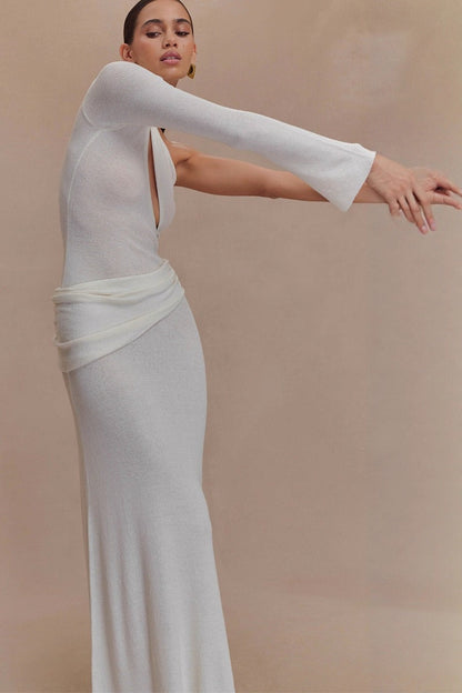One Shoulder Long Sleeve Cutout Bodice Draped Waist Column Maxi Dress