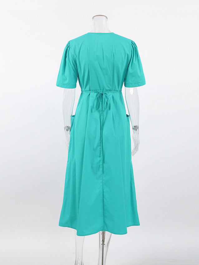 Summer Dress Short Sleeves V-Neck Pleated Pockets Casual Midi Dresses