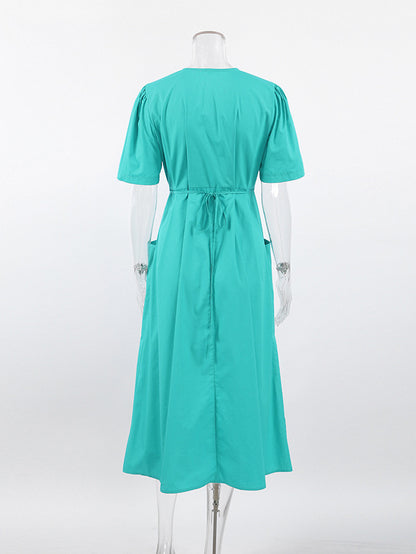 Summer Dress Short Sleeves V-Neck Pleated Pockets Casual Midi Dresses