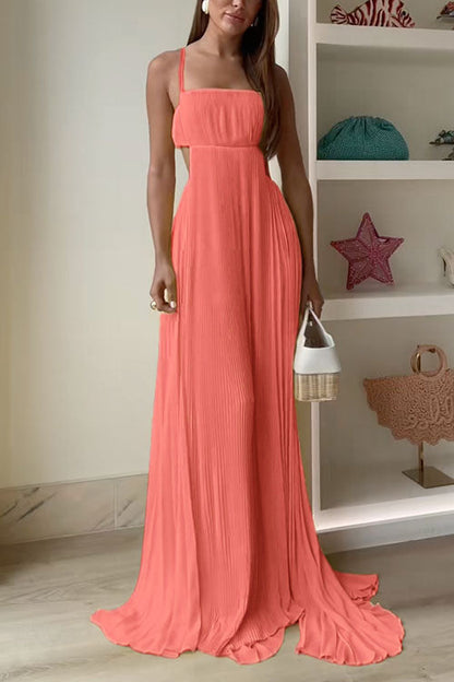 Spaghetti Strap Back Cut Out Pleated Maxi Dress