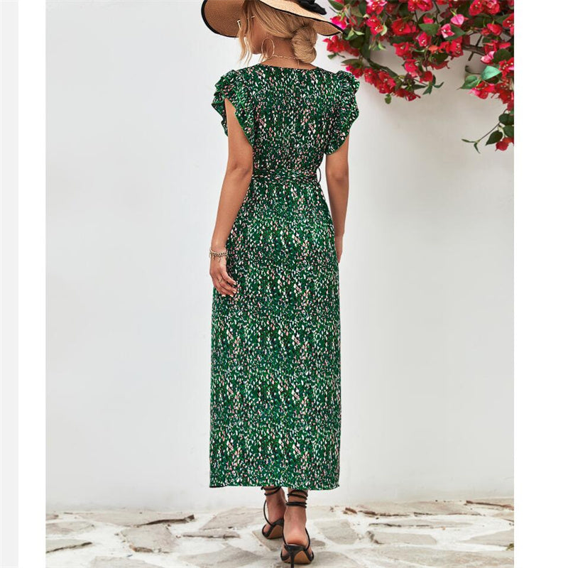 Stylish V-Neck Split Print Maxi Dress Available in Colors