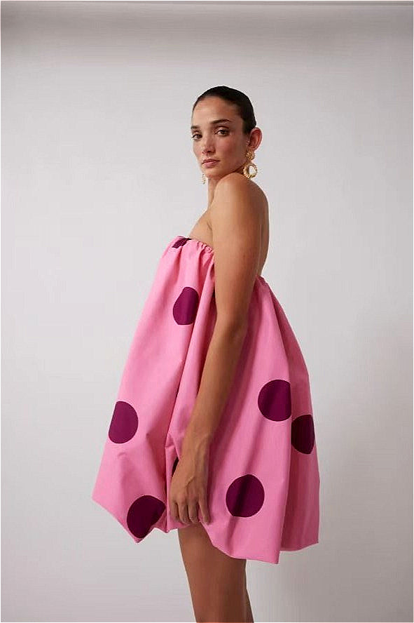 Polka Dot Strapless Gathered Bubble Hem Tent Mini Dress