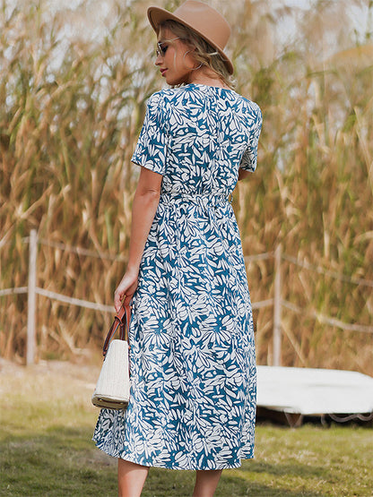 Floral Dress Printed Sash V-Neck Short Sleeves Chic Spring Midi Dresses