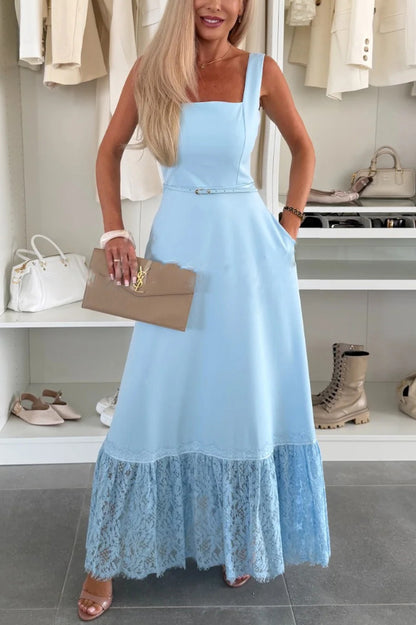 Solid Color Square Neck Sleeveless Fitted Waist Elegant Lace Hem Maxi Dress