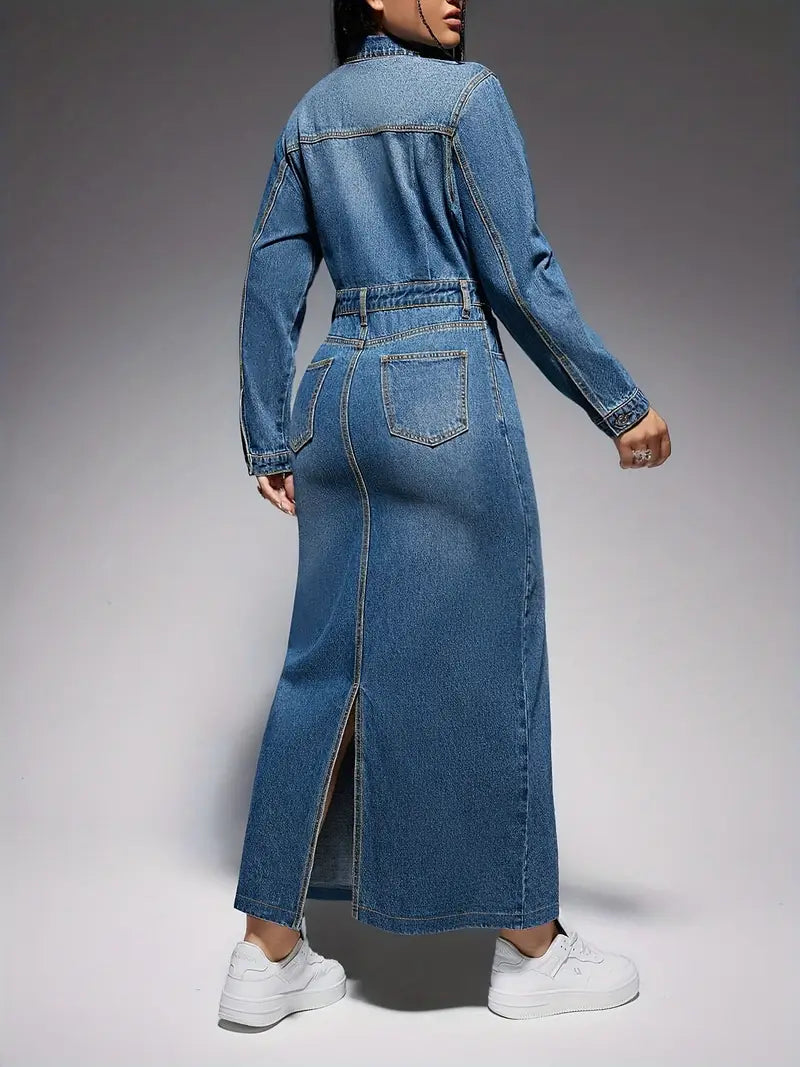 Denim Button-Front Chest Pocket Belted Column Maxi Dress