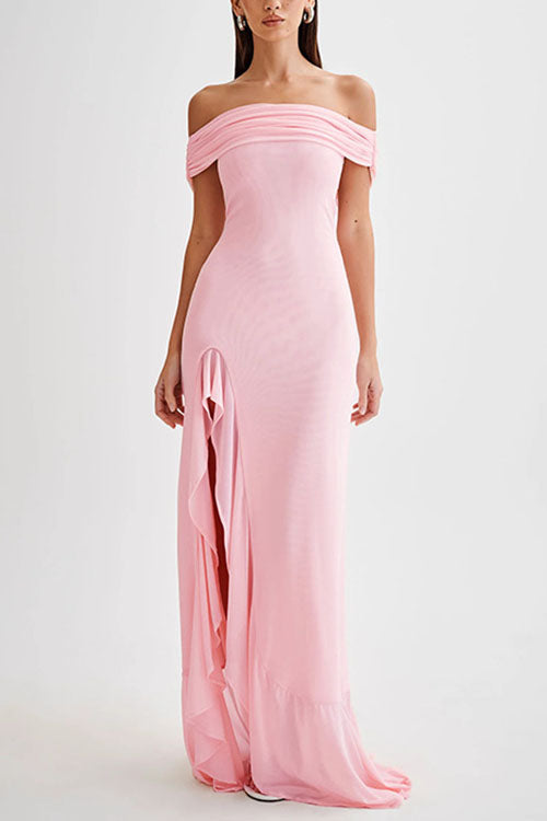 Off Shoulder Back Cut Out Ruffle Slit Maxi Dress