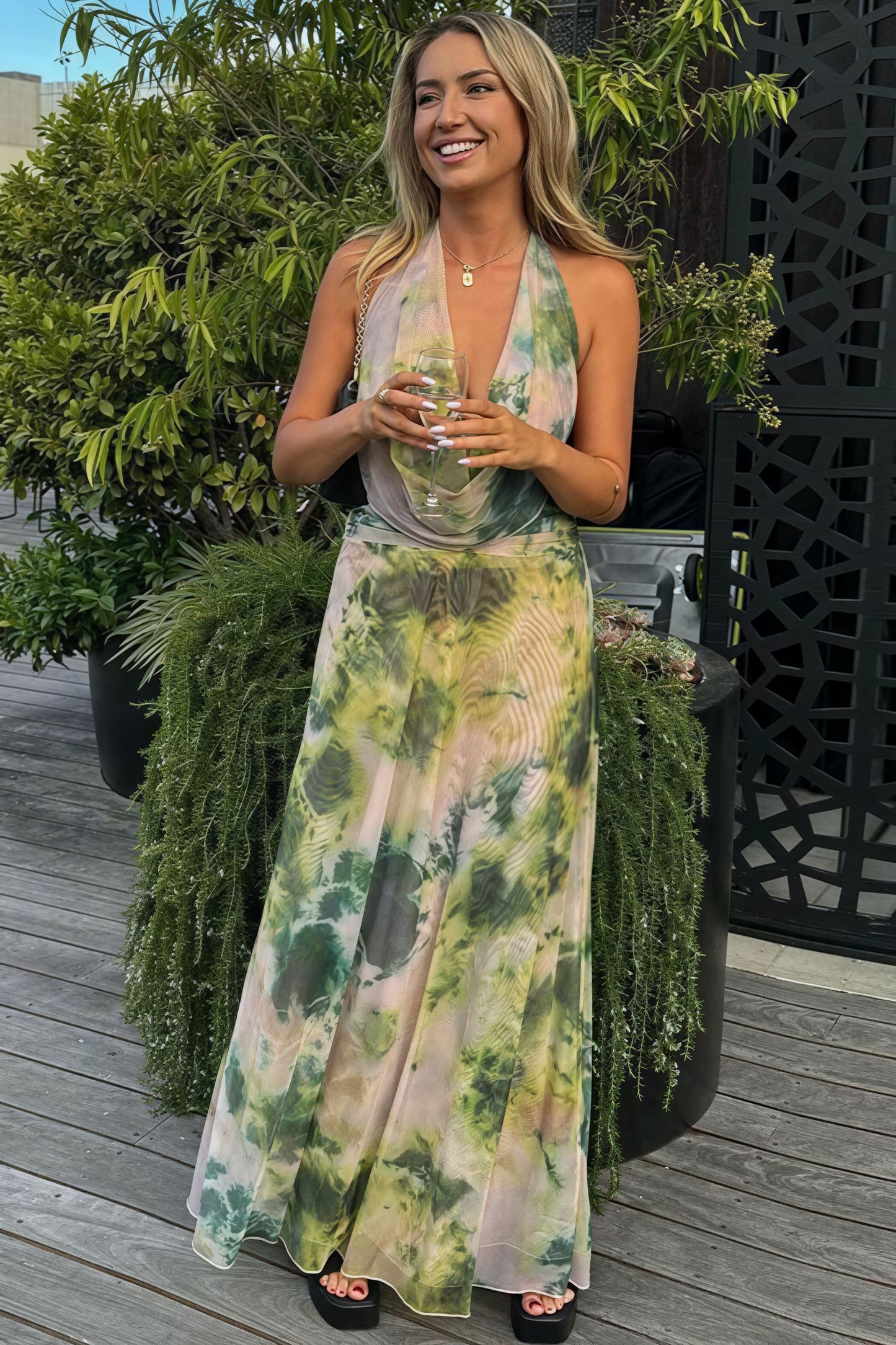 | Watercolor Print Deep V Cowl Neck Backless Maxi Dress