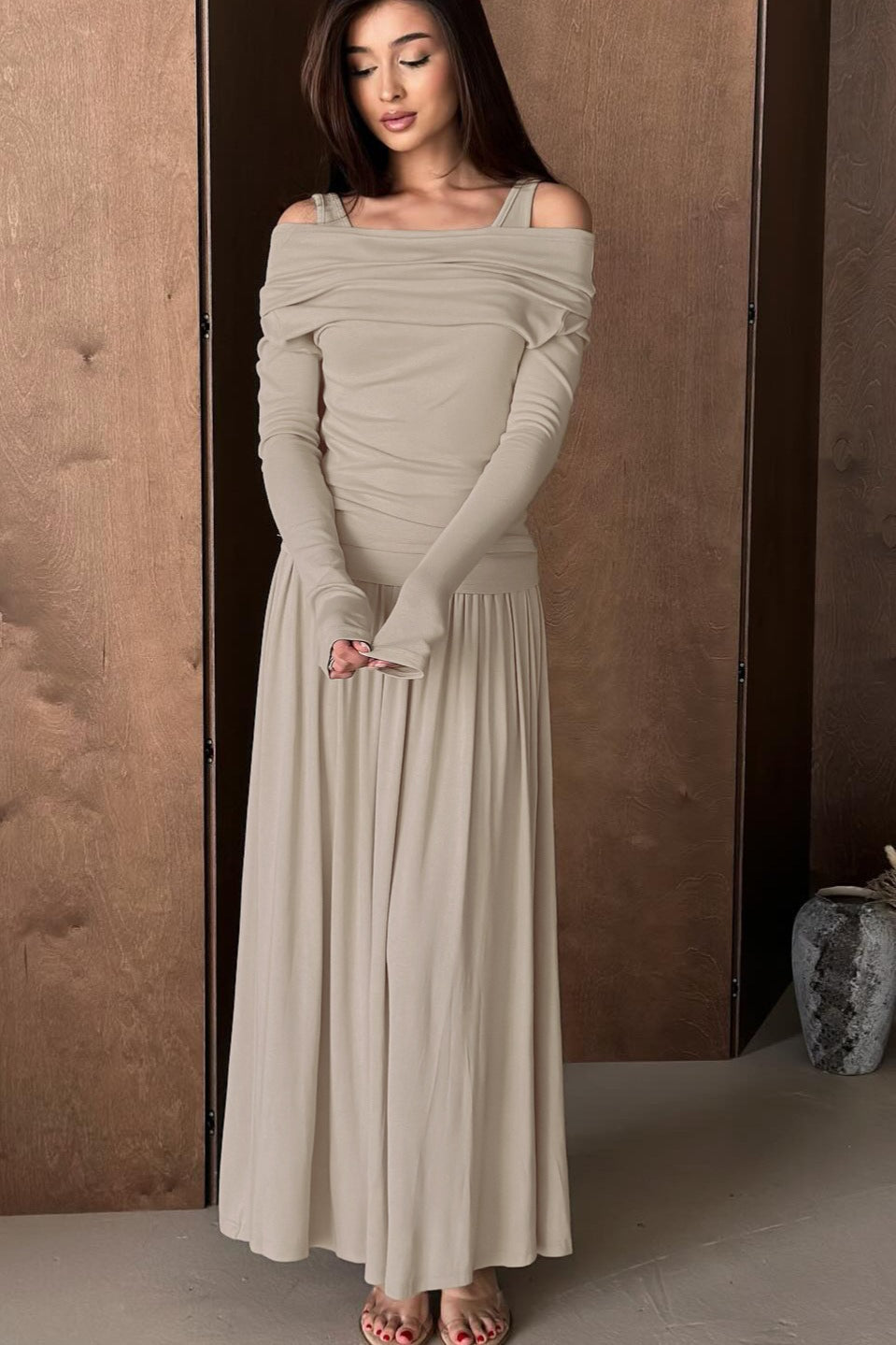One Shoulder Draped Collar Long Sleeve Ruched Waist Maxi Dress