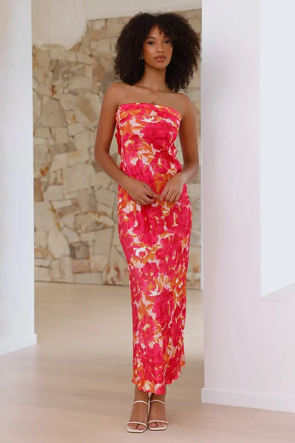 Strapless Foldover Neck Floral Print Tube Bodycon Maxi Dress