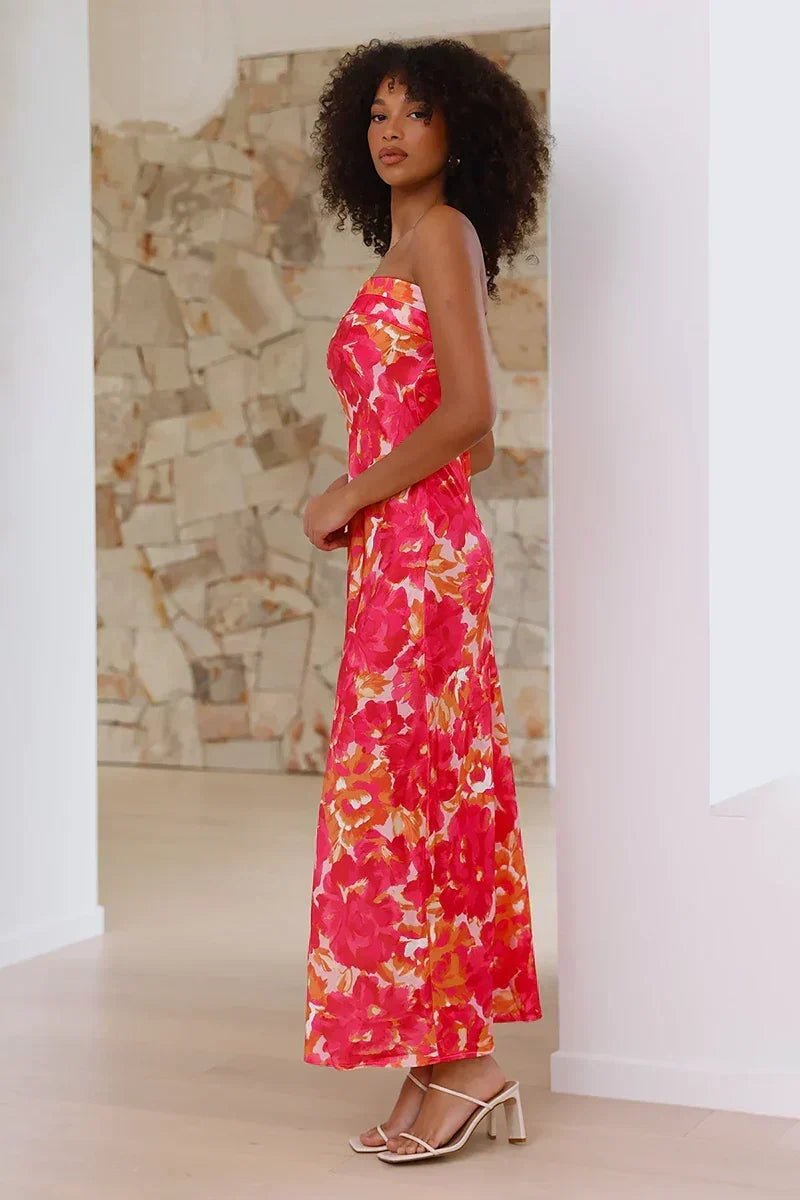 Strapless Foldover Neck Floral Print Tube Bodycon Maxi Dress