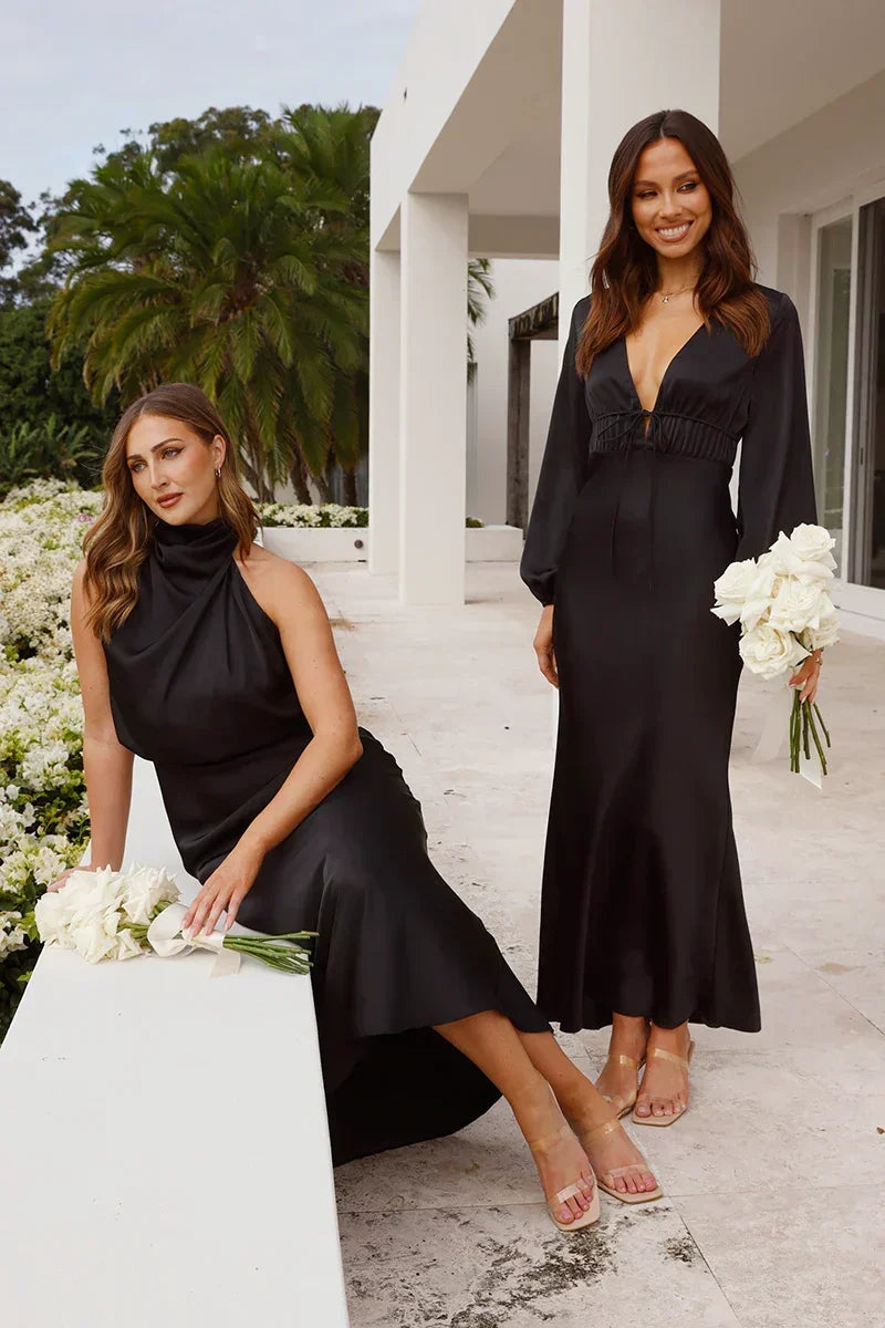 Satin Cowl Neck Halter Top Bias Cut Midi Skirt Two-Piece Set