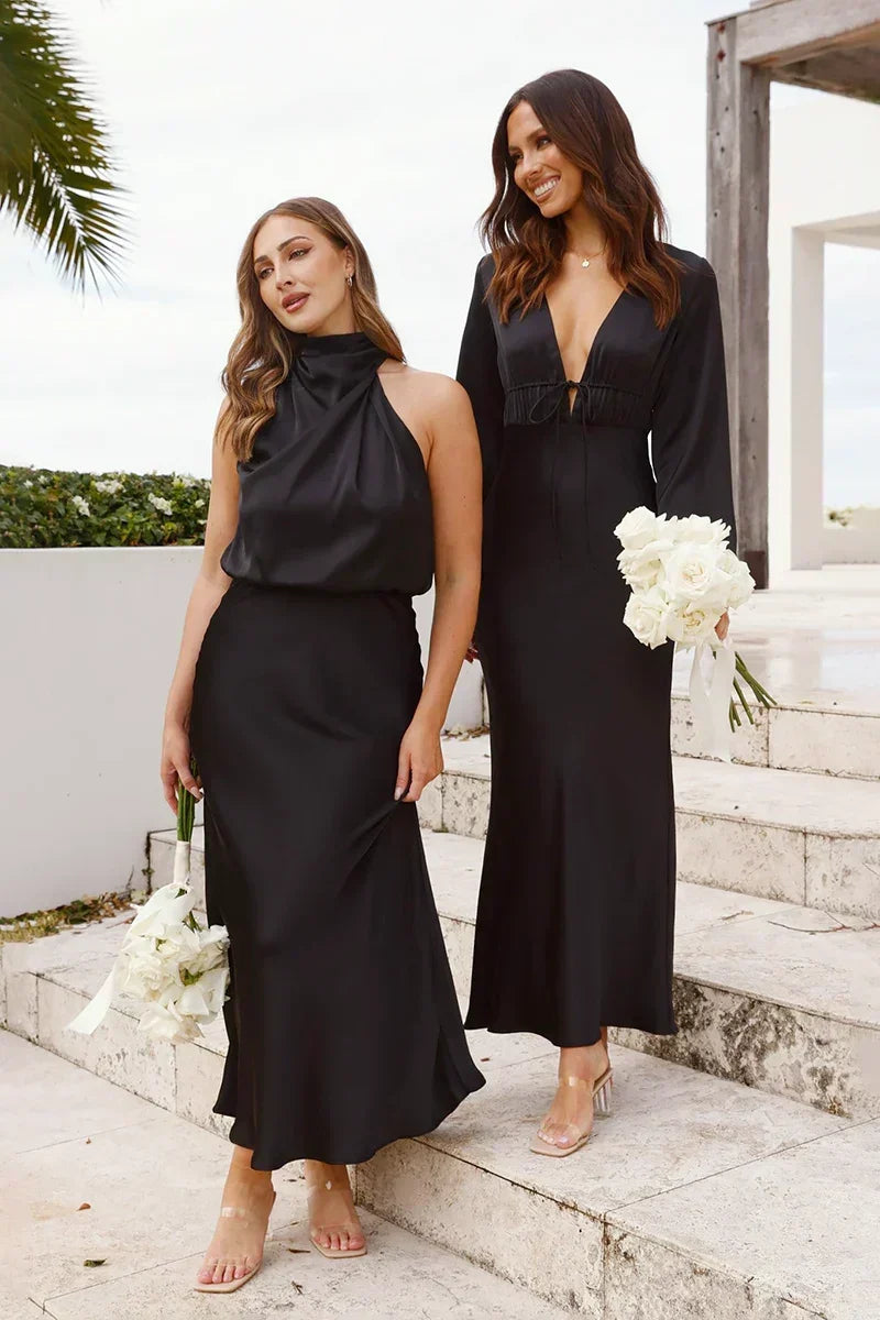 Satin Cowl Neck Halter Top Bias Cut Midi Skirt Two-Piece Set