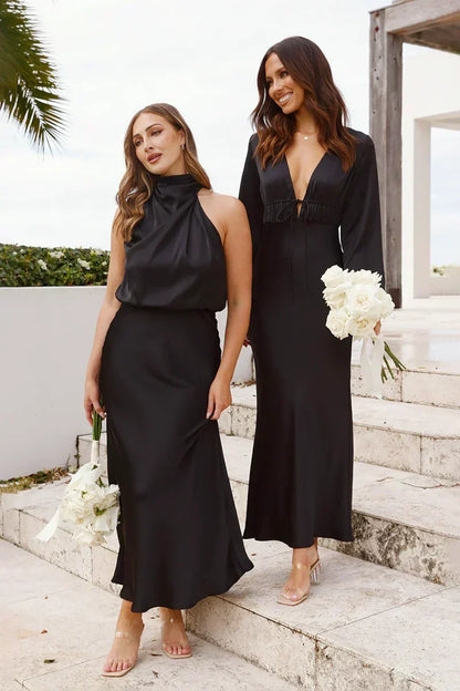 Satin Cowl Neck Halter Top Bias Cut Midi Skirt Two-Piece Set