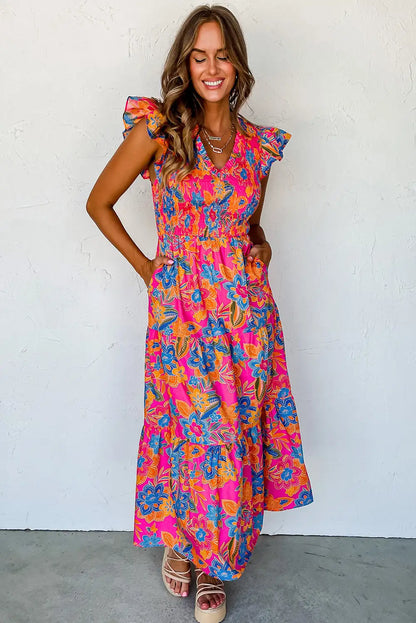 boho floral ruffle maxi dress rose red