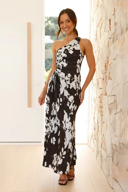 Floral Print One Shoulder Ruched Waist Bodycon Maxi Dress