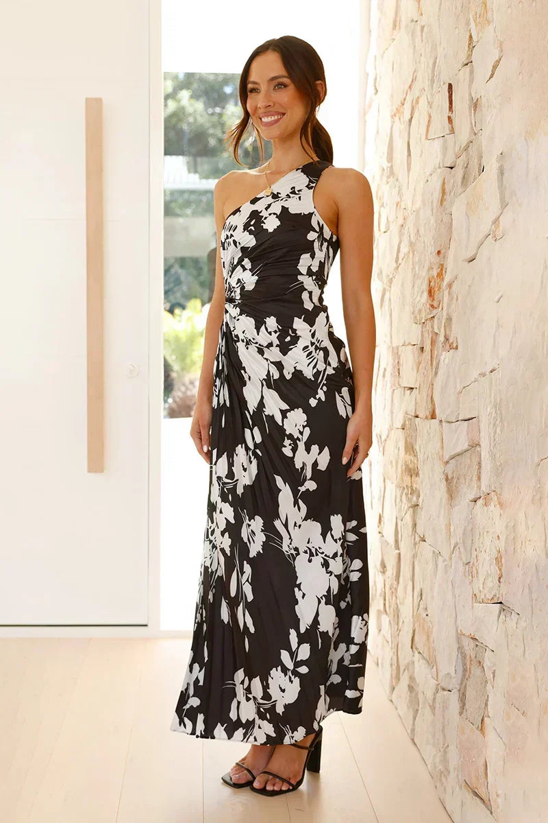 Floral Print One Shoulder Ruched Waist Bodycon Maxi Dress