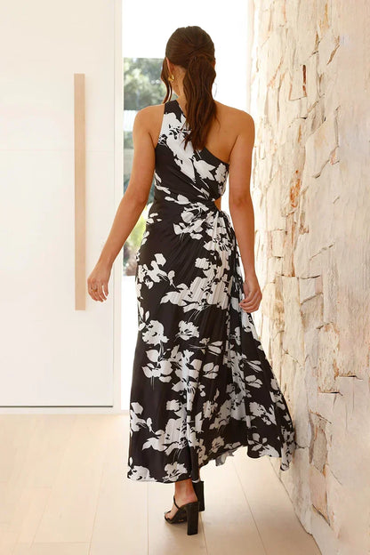 Floral Print One Shoulder Ruched Waist Bodycon Maxi Dress