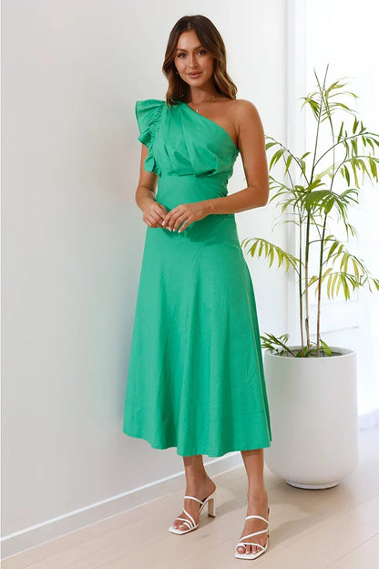 One Shoulder Ruffle Trim Pleated Wrap Bodice Fit and Flare Midi Dress
