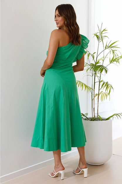 One Shoulder Ruffle Trim Pleated Wrap Bodice Fit and Flare Midi Dress