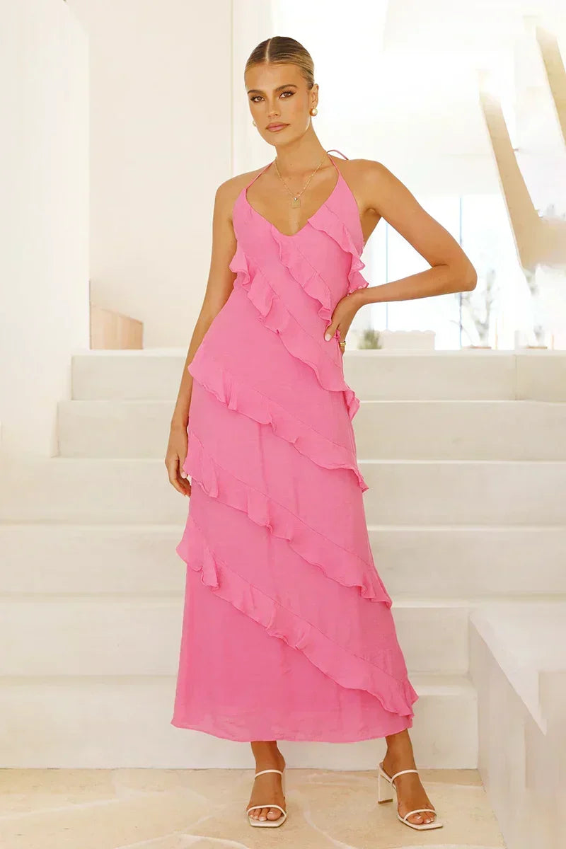 Halter Neck Deep V-Neck Tiered Ruffle Chiffon Maxi Dress
