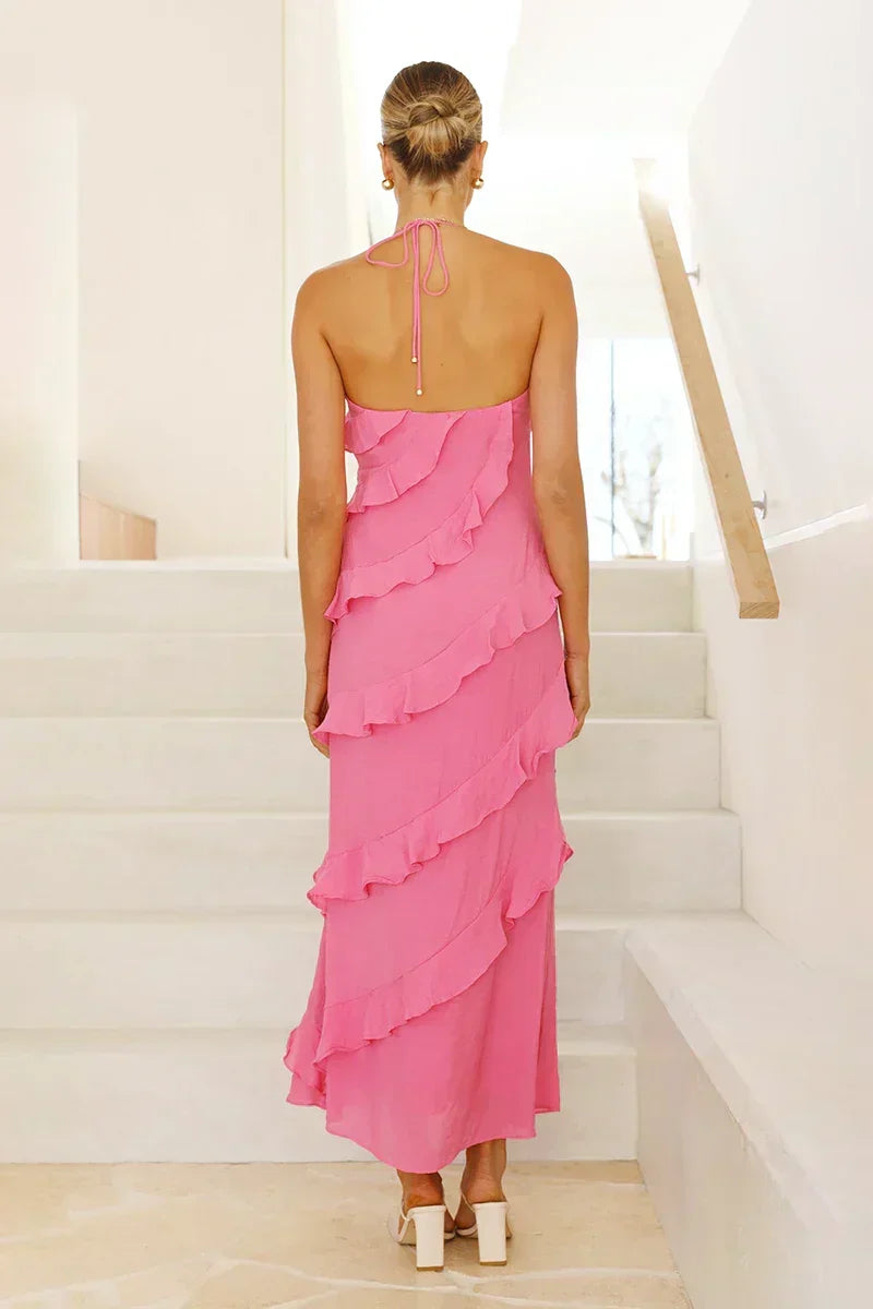 Halter Neck Deep V-Neck Tiered Ruffle Chiffon Maxi Dress