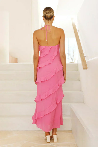Halter Neck Deep V-Neck Tiered Ruffle Chiffon Maxi Dress