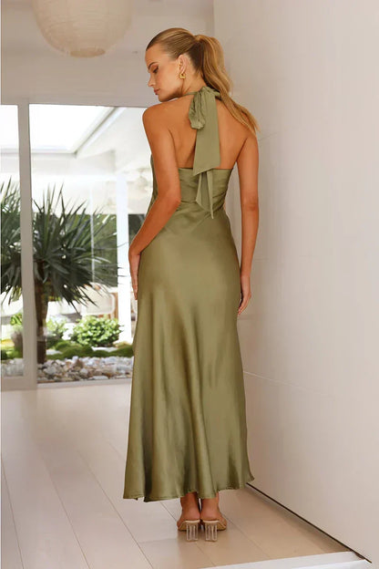 Satin Cowl Halter Neck Side Slit Slip Maxi Dress