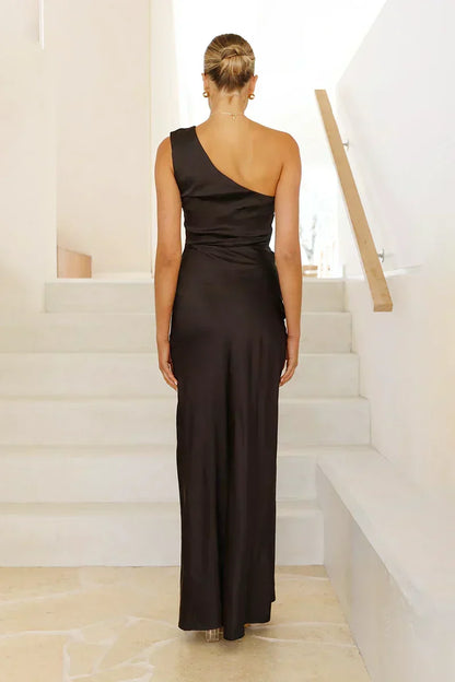 Satin One Shoulder Gathered Waist High Slit Column Maxi Gown