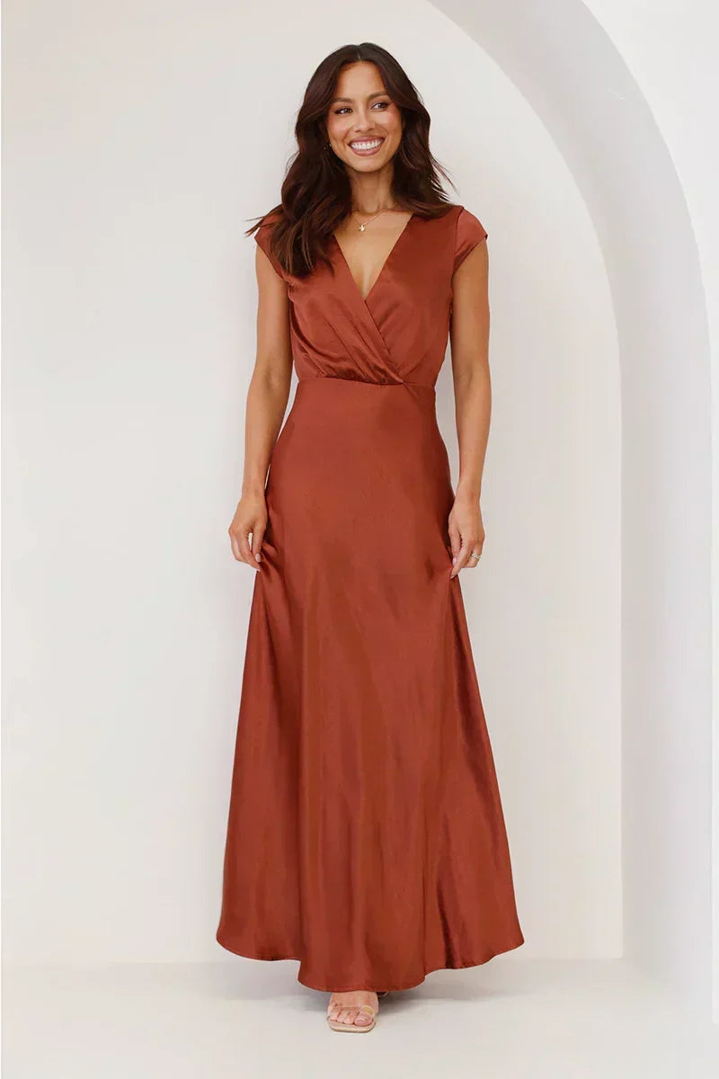 Satin Cap Sleeve Surplice Deep V-Neck A-Line Maxi Gown