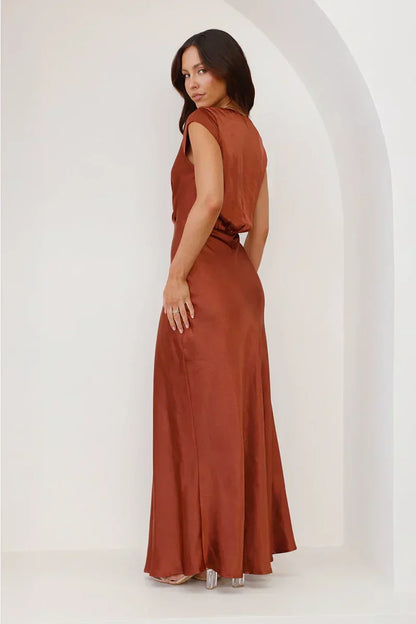 Satin Cap Sleeve Surplice Deep V-Neck A-Line Maxi Gown