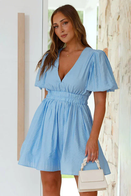 Deep V-Neck Puff Sleeve Elastic Waist Flared A-Line Mini Dress