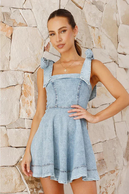 Denim Square Neck Ruffle Strap Corset Fit and Flare Mini Dress