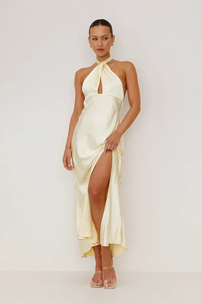 Satin Halter Crossover Front Keyhole Cutout High Slit Backless Maxi Dress