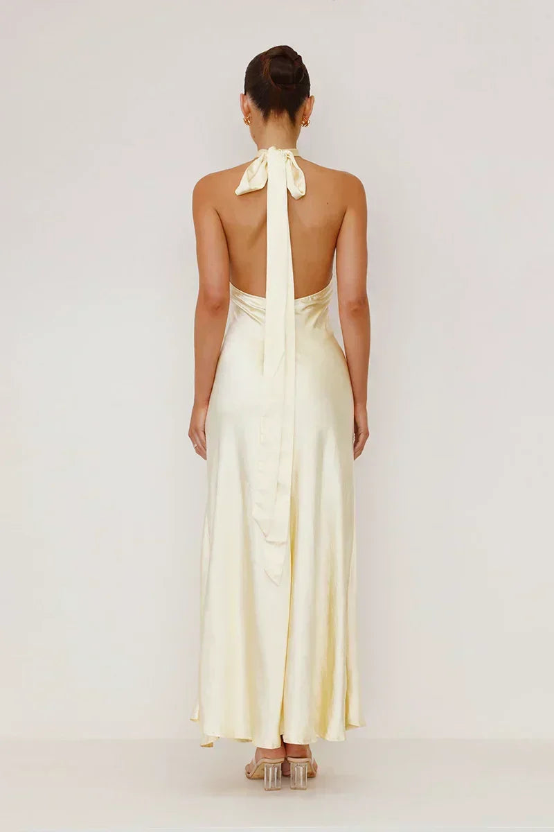 Satin Halter Neck Keyhole Cutout Wrap High Split Backless Maxi Gown