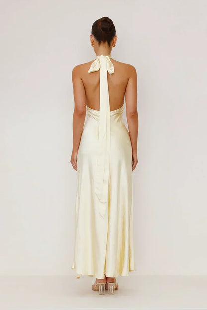 Satin Halter Neck Keyhole Cutout Wrap High Split Backless Maxi Gown