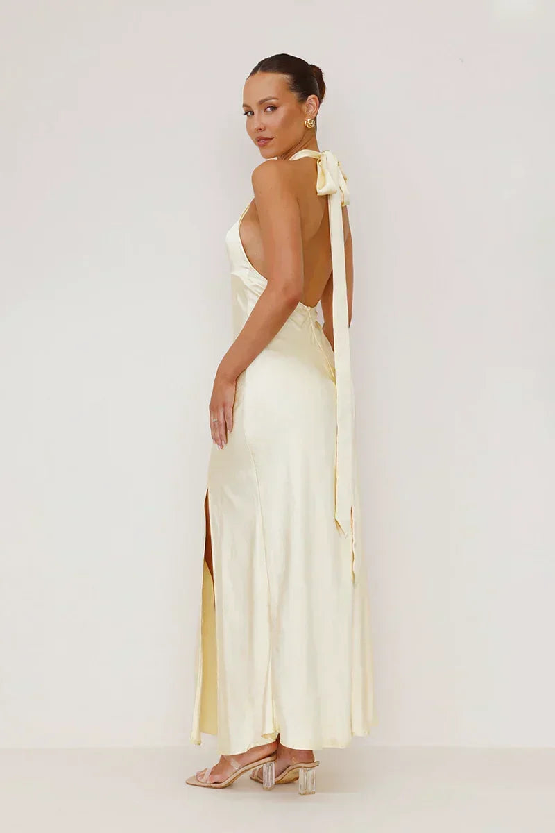 Satin Halter Crossover Front Keyhole Cutout High Slit Backless Maxi Dress