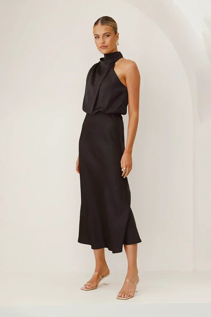 Satin Cowl Neck Halter Top Bias Cut Midi Skirt Two-Piece Set