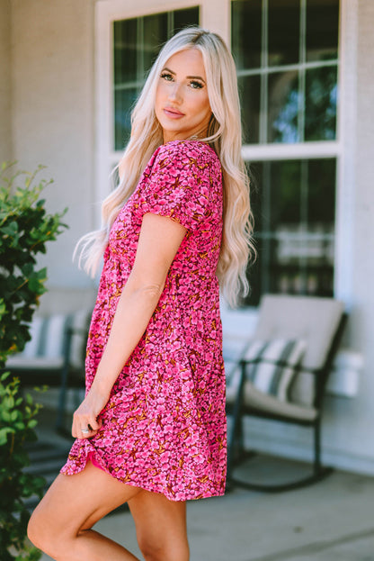 Rose Floral Print Puff Sleeve Babydoll Mini Dress