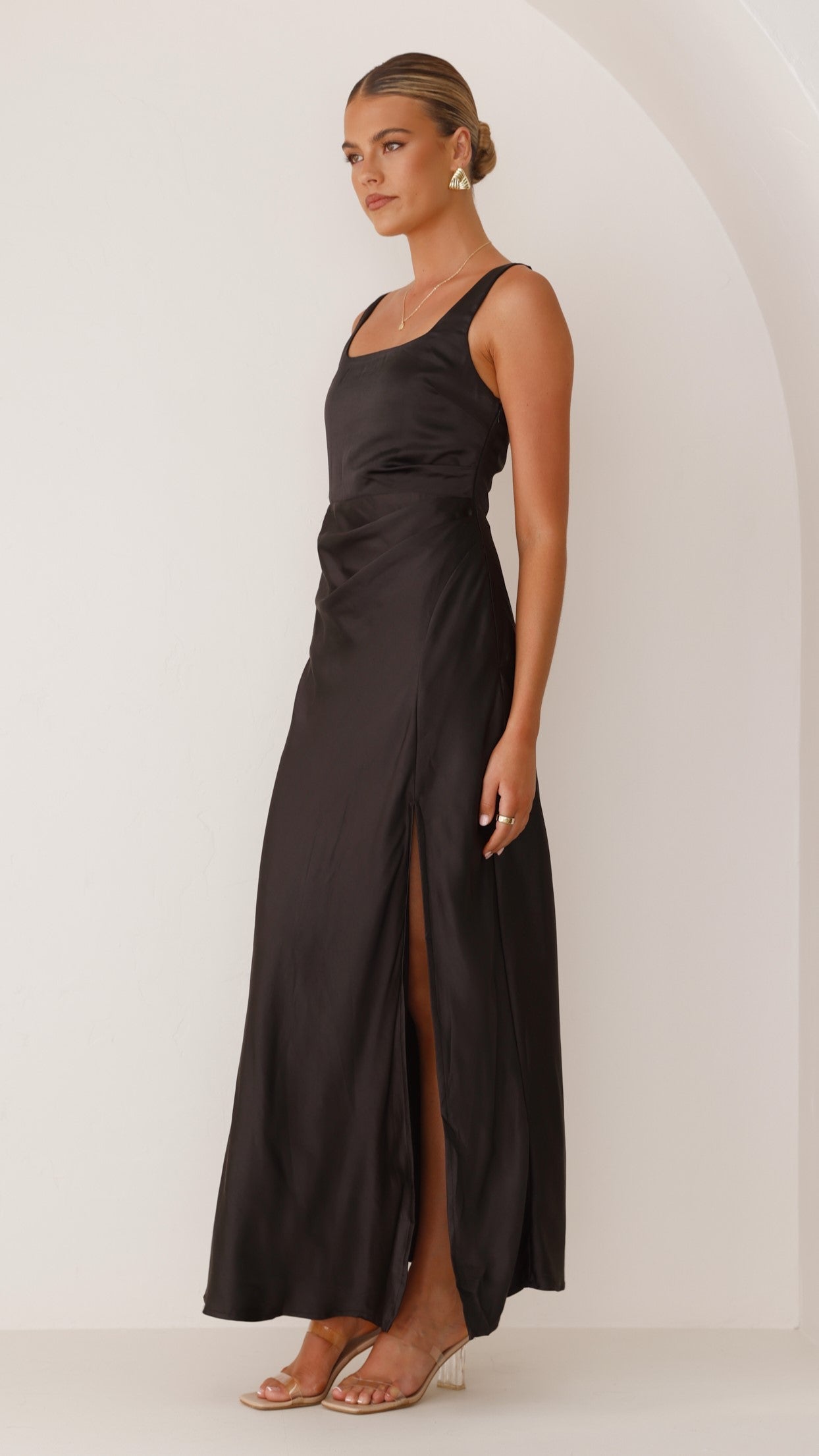 Satin Wide Strap Square Back Thigh High Slit Slip Maxi Dress