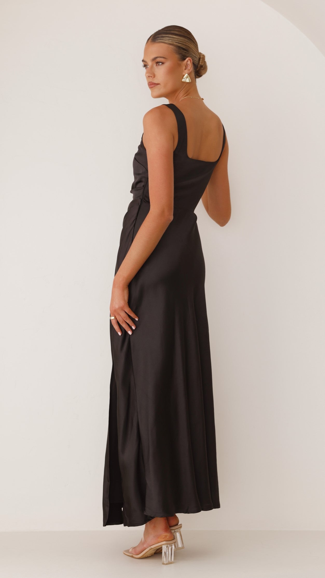 Satin Wide Strap Square Back Thigh High Slit Slip Maxi Dress