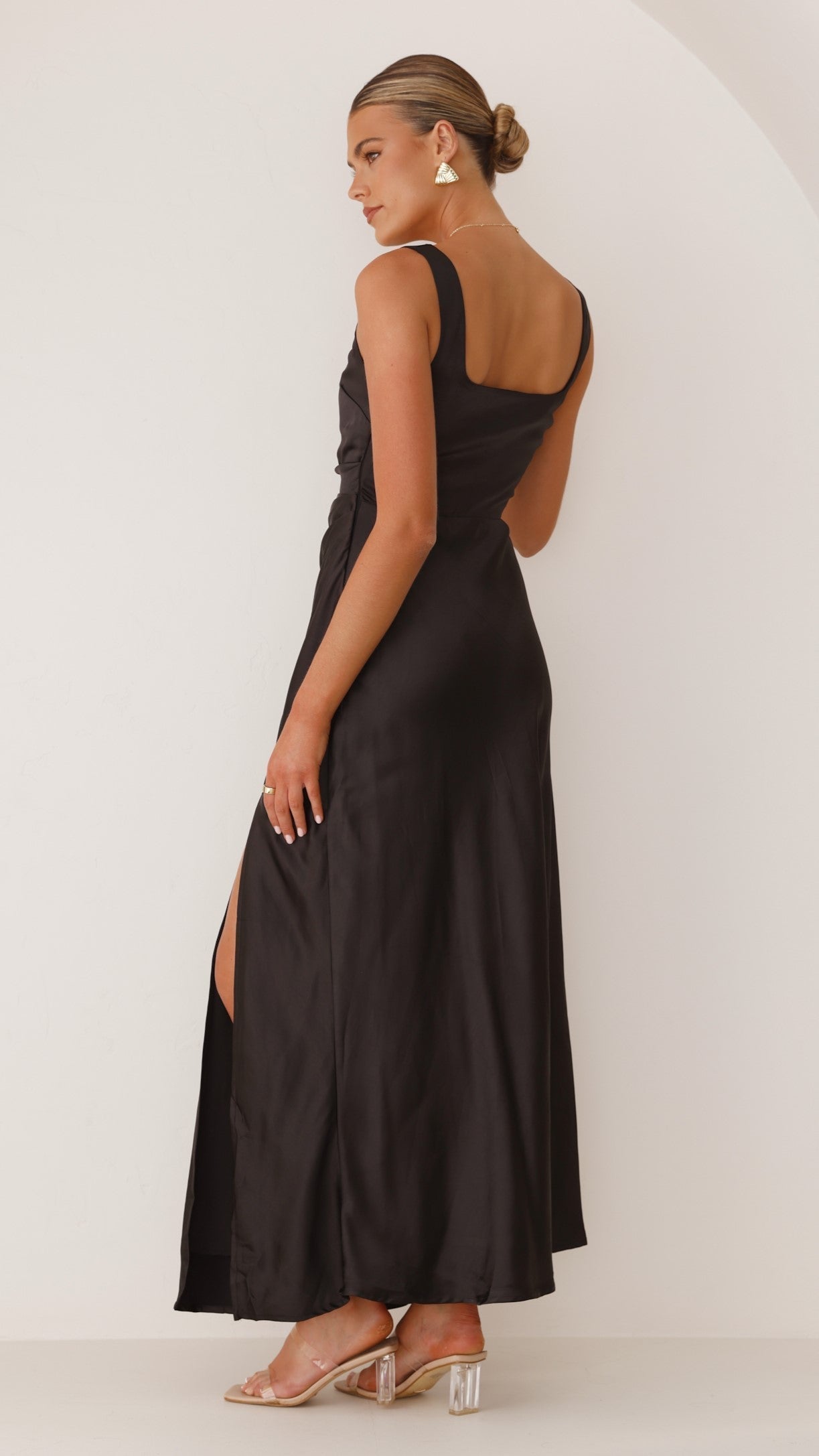 Satin Tank Strap Square Back High Slit Slip Maxi Dress