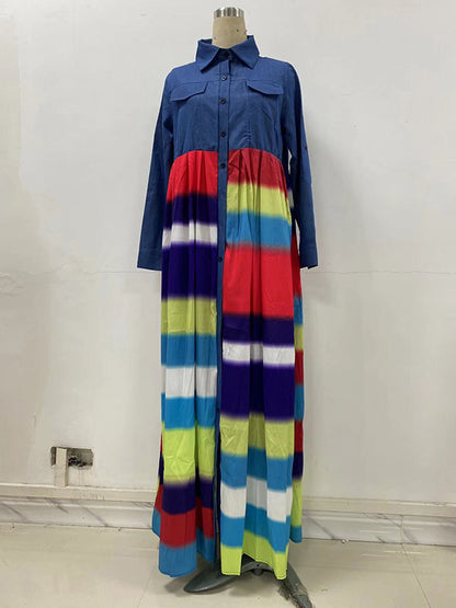 Long Sleeves Loose Buttoned Contrast Color Elasticity Printed Split-Joint Lapel Maxi Dresses