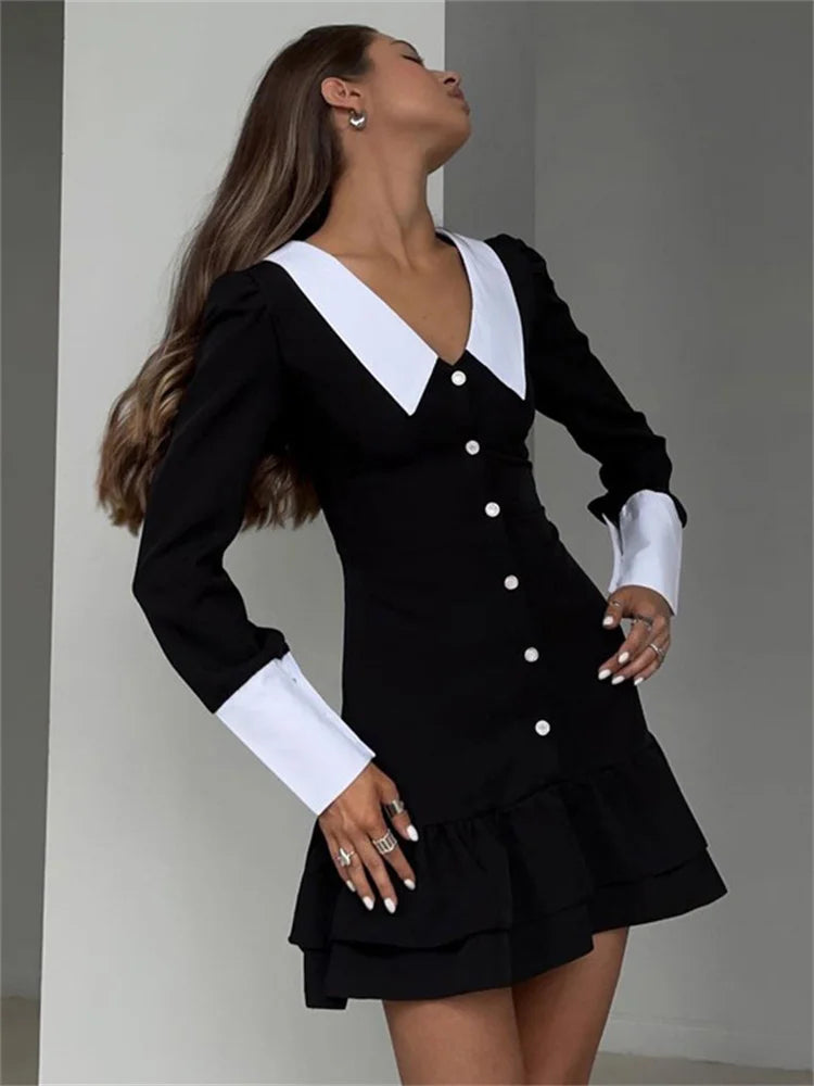 Tossy Vintage Contrast Mini Dress Female Ruffled Patchwork Lapel Elegant Club Gown Bandage Long Sleeve Fashion Slim Dress 2023