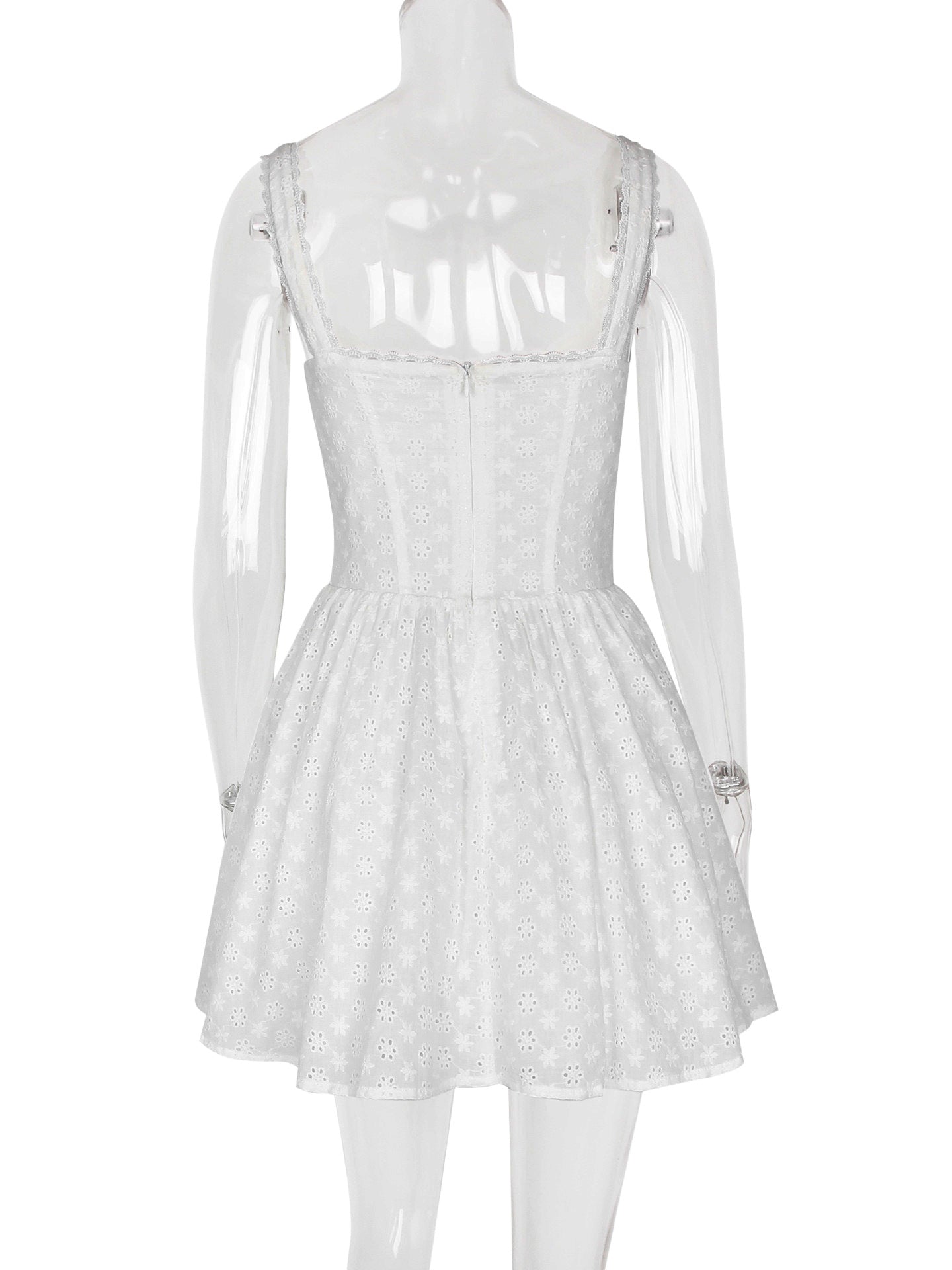 Little White Dress Wide Strap Eyelet Trim Graduation Party Skater Mini Dresses