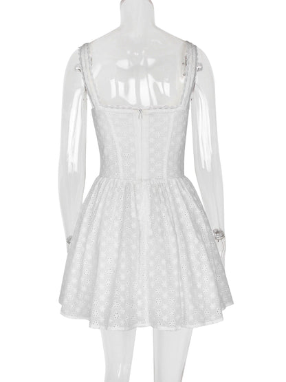 Little White Dress Wide Strap Eyelet Trim Graduation Party Skater Mini Dresses