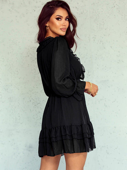 Shirt Dresses Black V-Neck Lace Long Sleeves Polyester Dresses Mini Dresses