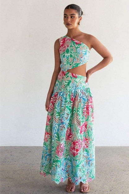 Botanical Print  One Shoulder Frill Midi Dress