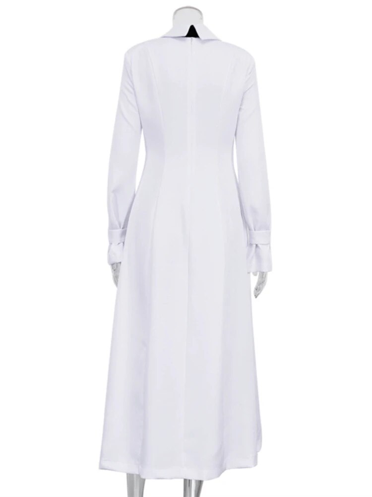 TARUXY Side Slit Long Dress For Women White Elegant Turn Collar Tie Midi Dresses Femme 2024 New Street Loose Slender Dress Woman