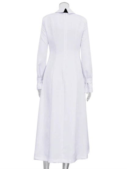 TARUXY Side Slit Long Dress For Women White Elegant Turn Collar Tie Midi Dresses Femme 2024 New Street Loose Slender Dress Woman