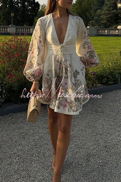Flower Gala Linen Blend Unique Print Tie-up Balloon Sleeve Pocketed Mini Dress
